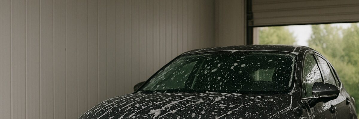 Car covered in thick foam during wash at Lawrence Service Station, showing premium car cleaning services in action.