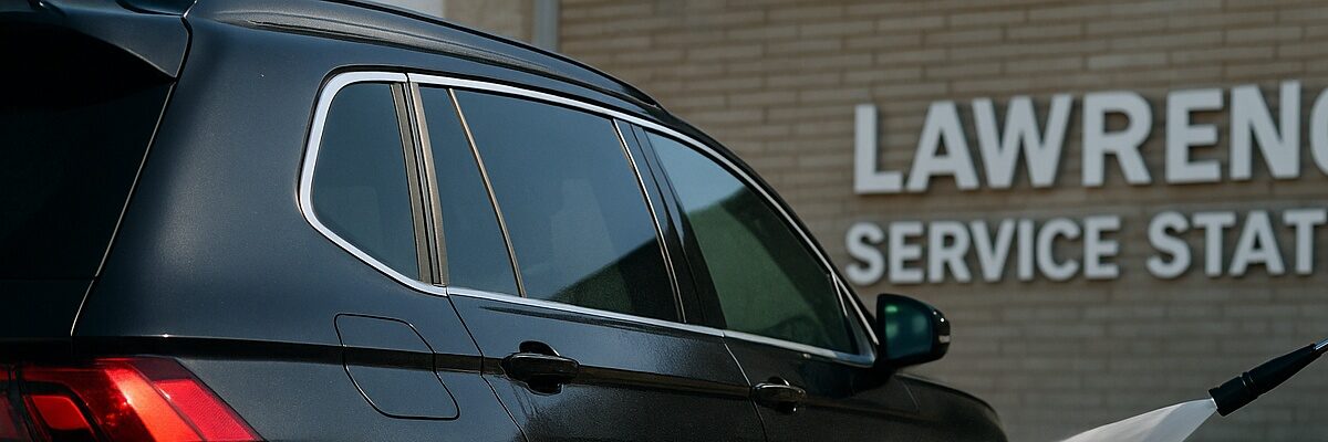 Jet power wash cleaning a black SUV at Lawrence Service Station in Goa under bright sunlight.