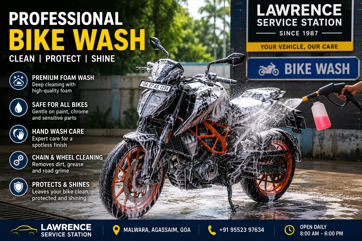 Professional bike wash at Lawrence Service Station in Agassaim, Goa