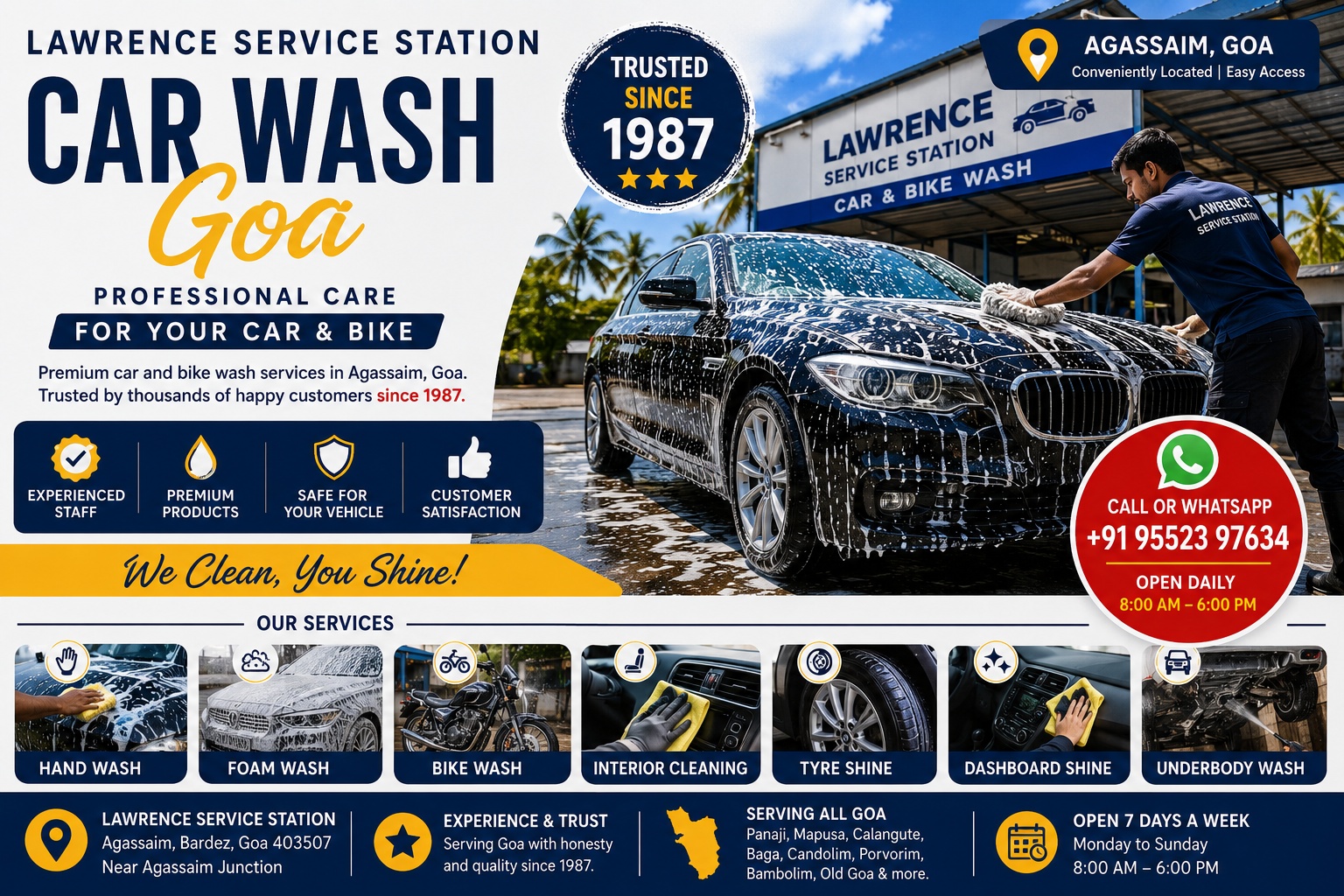 Car Wash Goa at Lawrence Service Station in Agassaim offering professional car and bike wash services