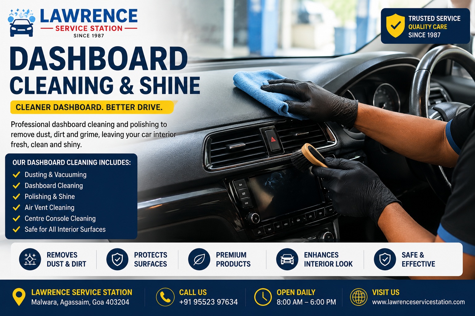 Professional dashboard cleaning and shine at Lawrence Service Station in Agassaim, Goa