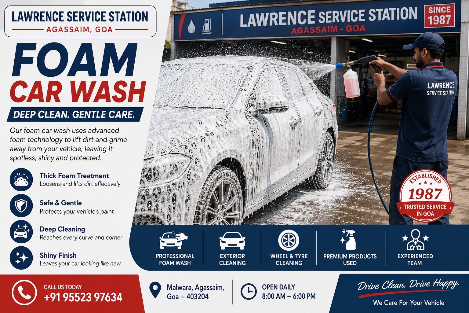 Professional foam car wash at Lawrence Service Station in Agassaim, Goa
