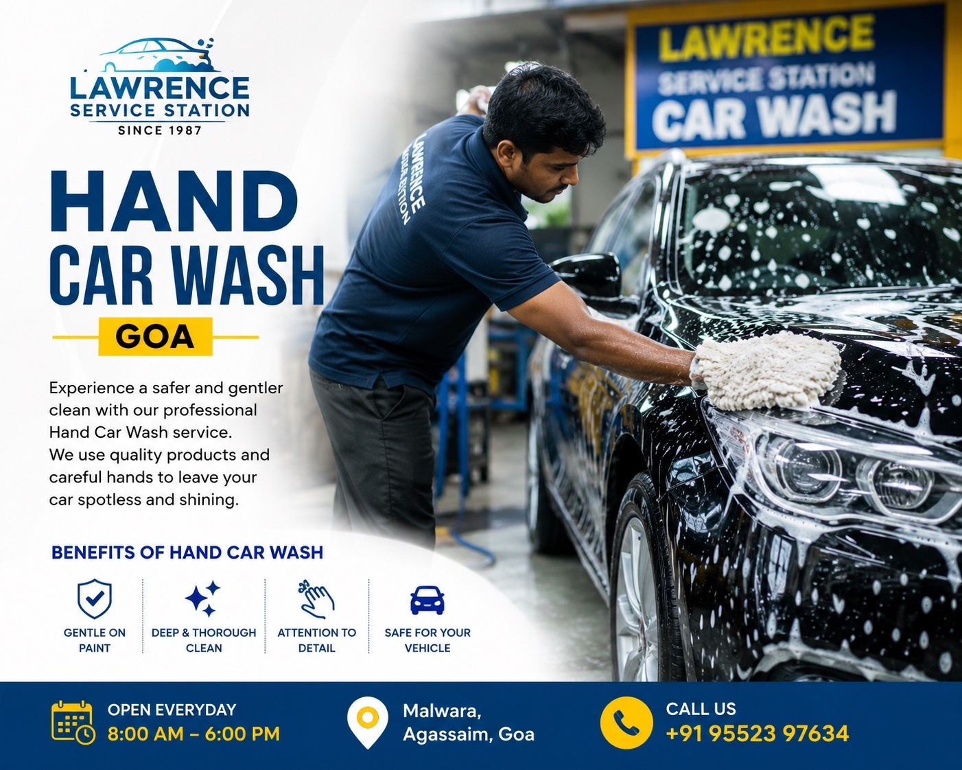Professional hand car wash at Lawrence Service Station in Agassaim, Goa