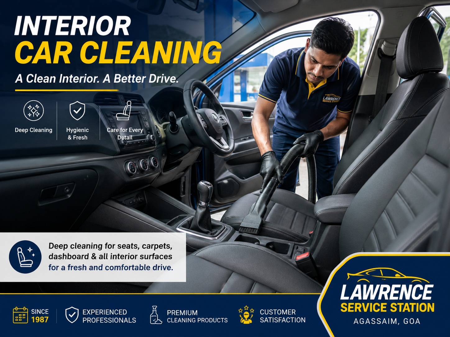Professional interior car cleaning at Lawrence Service Station in Agassaim, Goa