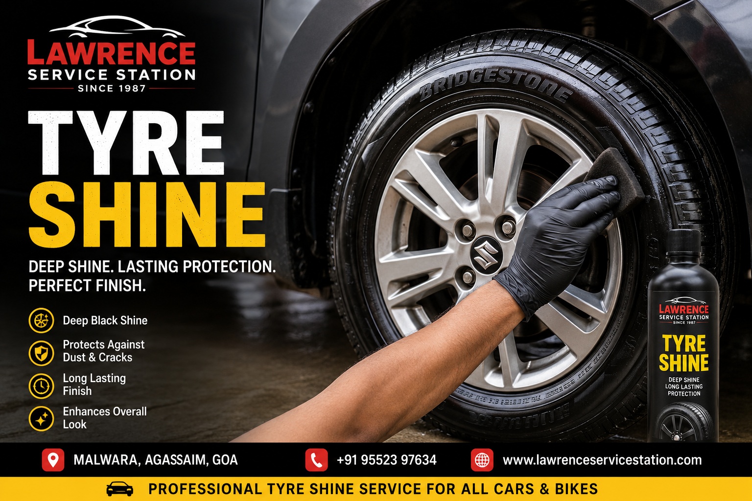 Professional tyre shine service at Lawrence Service Station in Agassaim, Goa