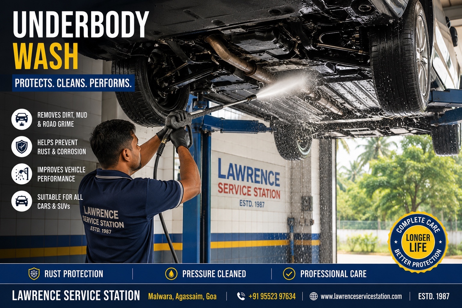 Professional underbody wash service at Lawrence Service Station in Agassaim, Goa